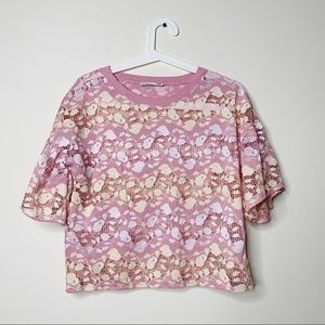 Zara pink and yellow lace blouse peplum top